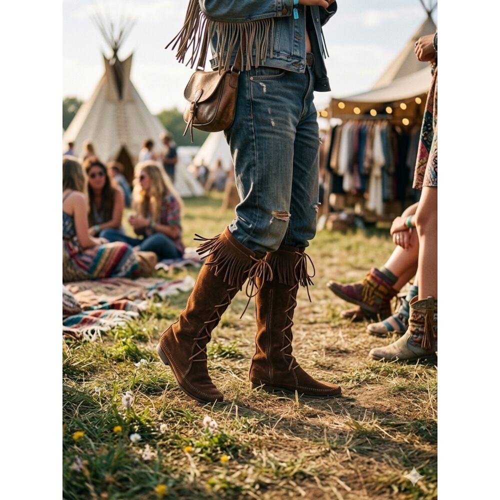 Vintage Suede Front Lace Knee High Boho Boots